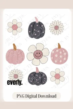 Retro Pumpkins & Daisies PNG Digital Download