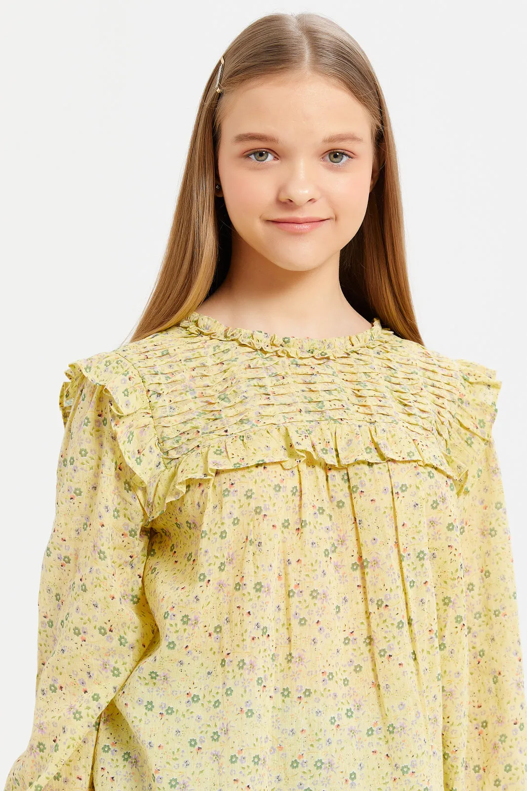 Senior Girls Yellow Ditsy Floral Front Pleated Blouse