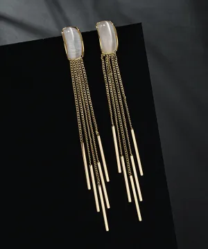 Skinny Gold Sterling Silver Alloy Cymophane Tassel Drop Earrings QQ050