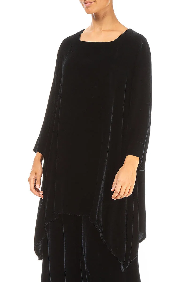 Square Neck Midnight Blue Silk Velvet Tunic