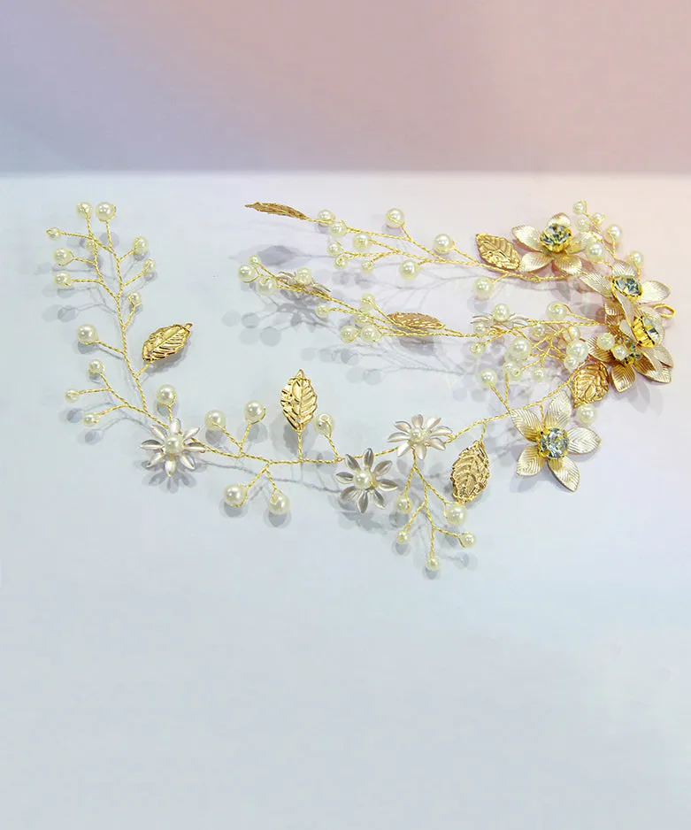 Stylish Gold Alloy Zircon Pearl Floral Leaf Girl Hairpin IU049