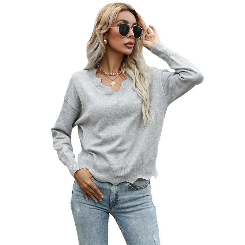 V-Neck Gray Wavy Lace Knitwear Wholesale For Women