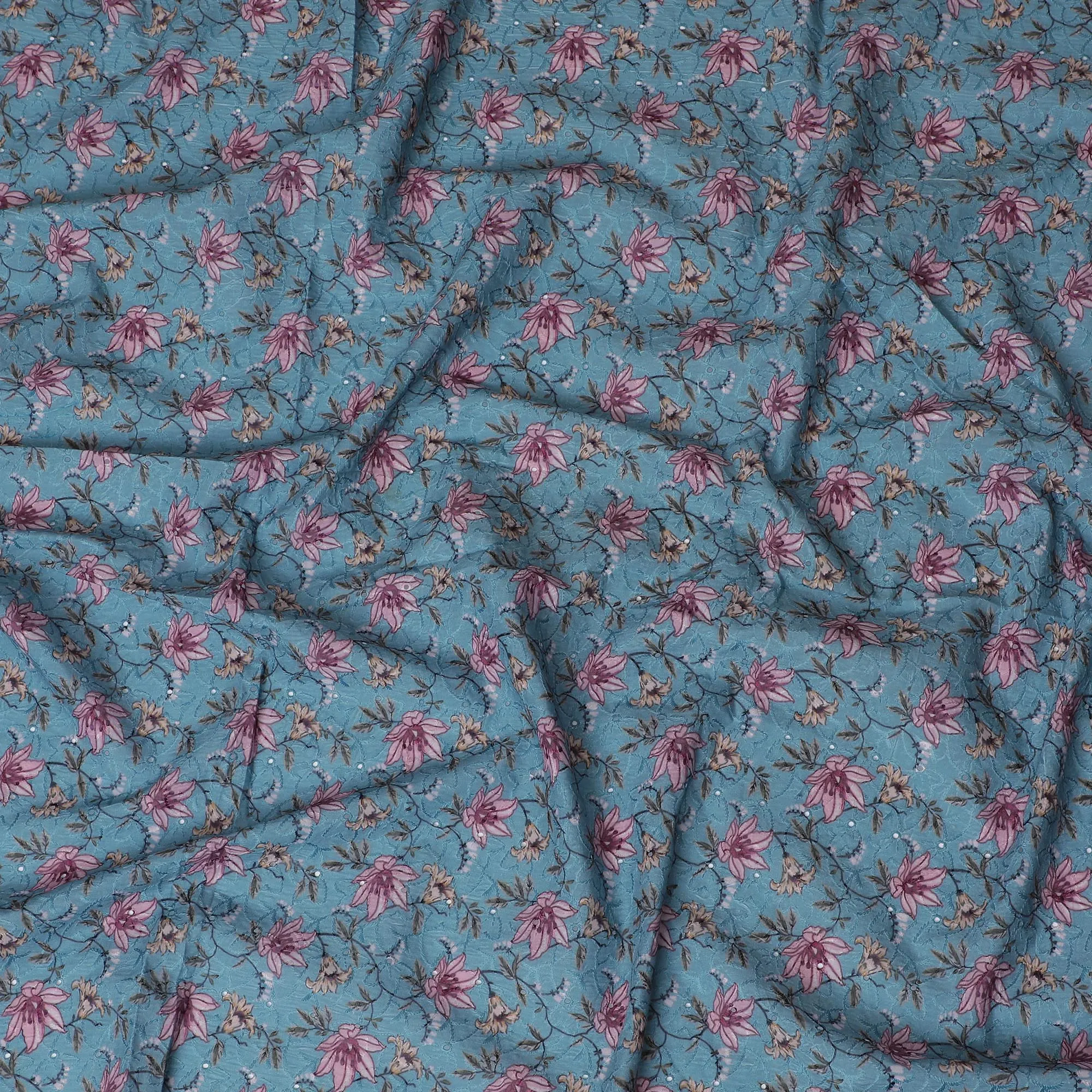 Vibrant Teal Floral blended Cotton Lawn Fabric with Embroidery - 110 cm Wide - D19588