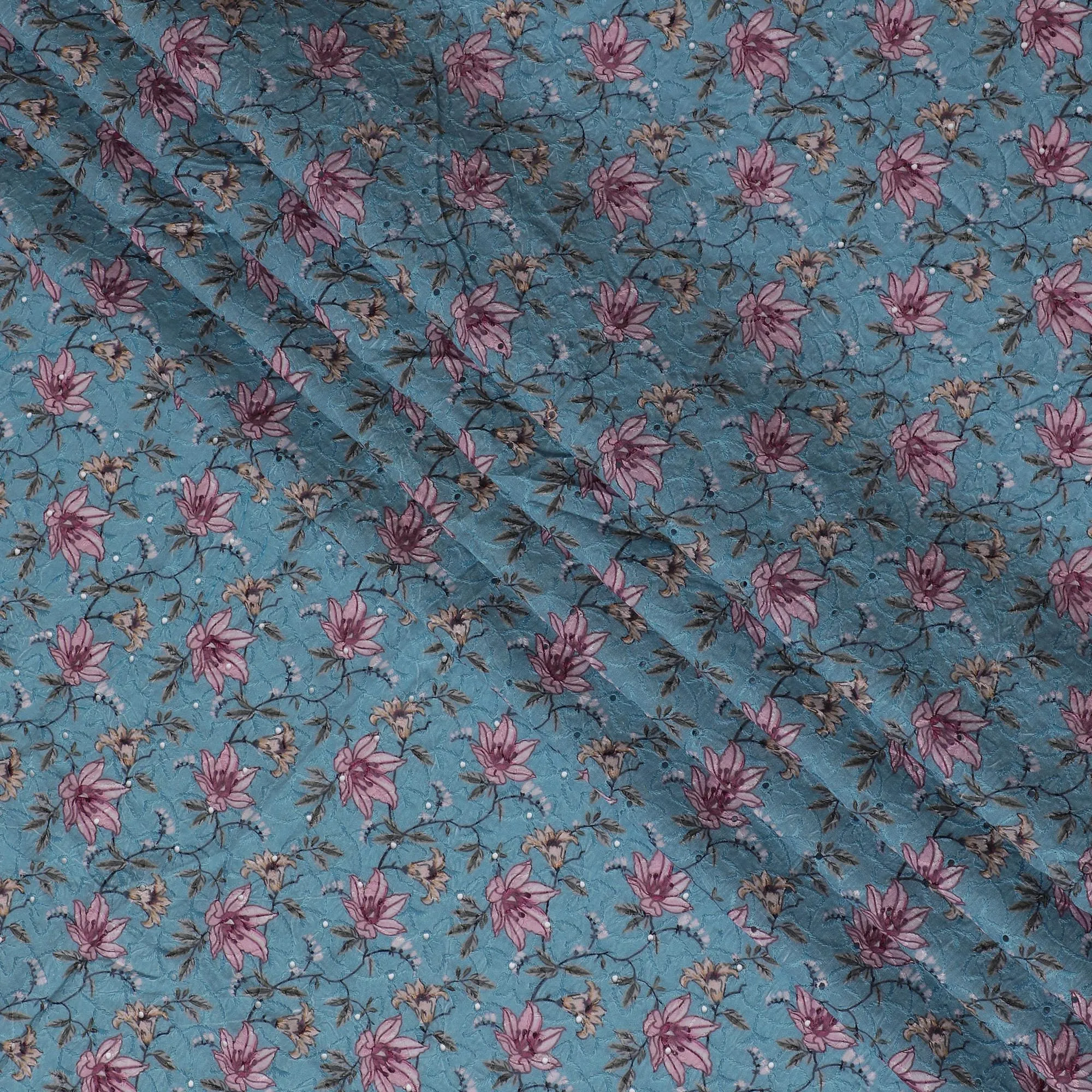 Vibrant Teal Floral blended Cotton Lawn Fabric with Embroidery - 110 cm Wide - D19588