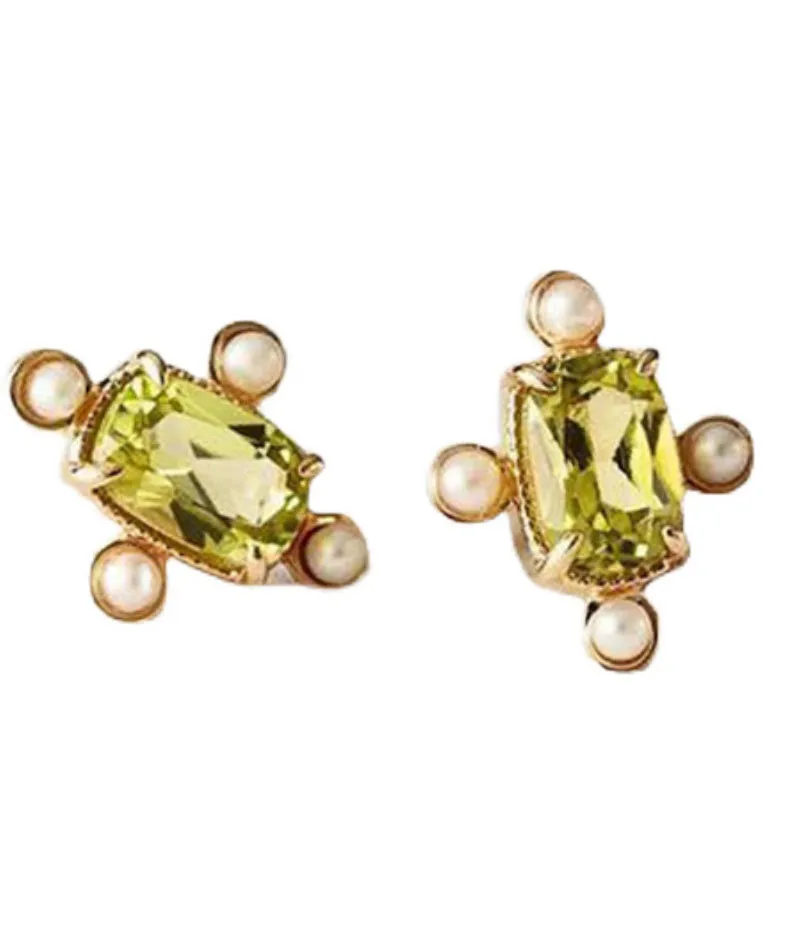 Vintage Gold Sterling Silver Overgild Crystal Pearl Stud Earrings QU040