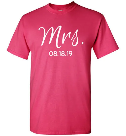 Wedding Style 2, Mrs. with Date, Front Print T-Shirt, 12 Colors