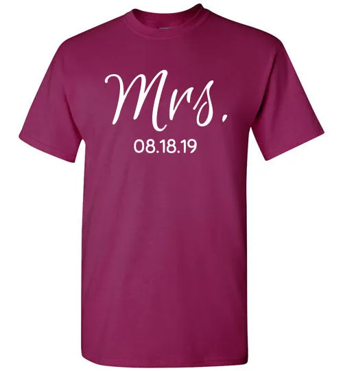 Wedding Style 2, Mrs. with Date, Front Print T-Shirt, 12 Colors