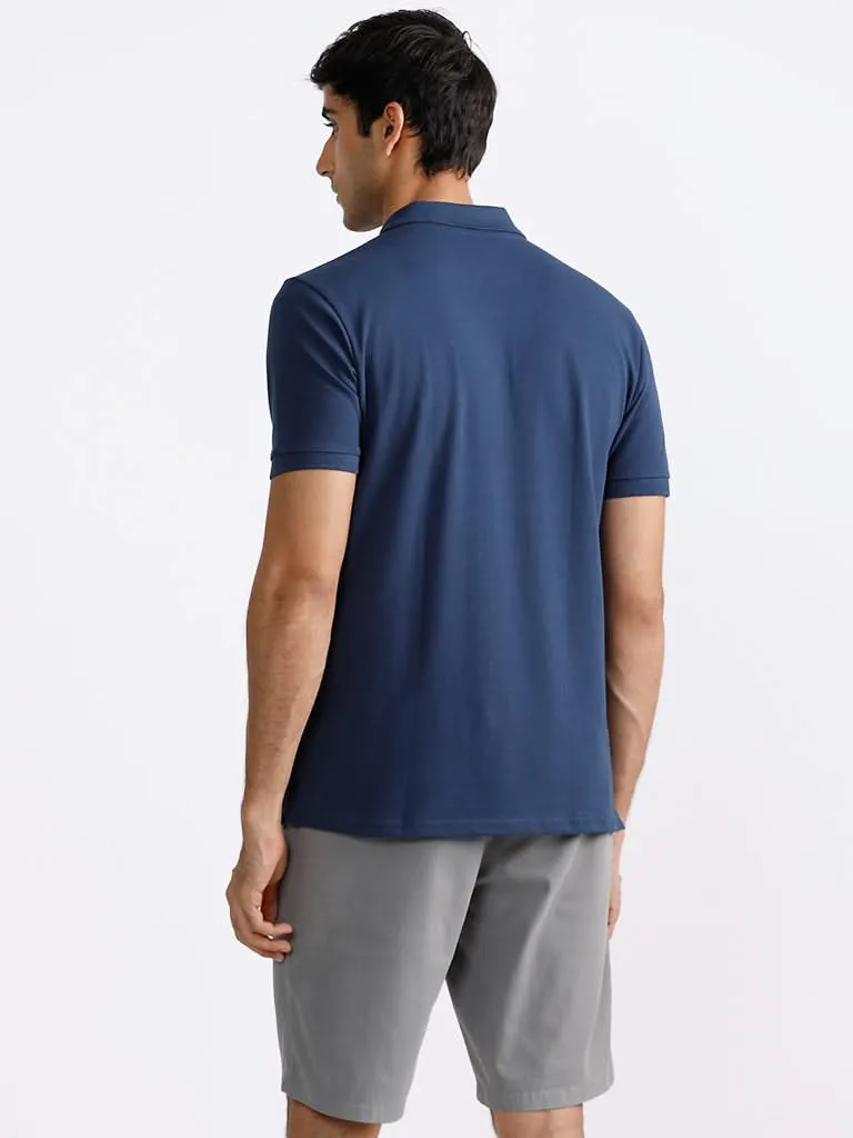 WES Casuals Plain Dark Blue Cotton Blend Slim-Fit T-Shirt