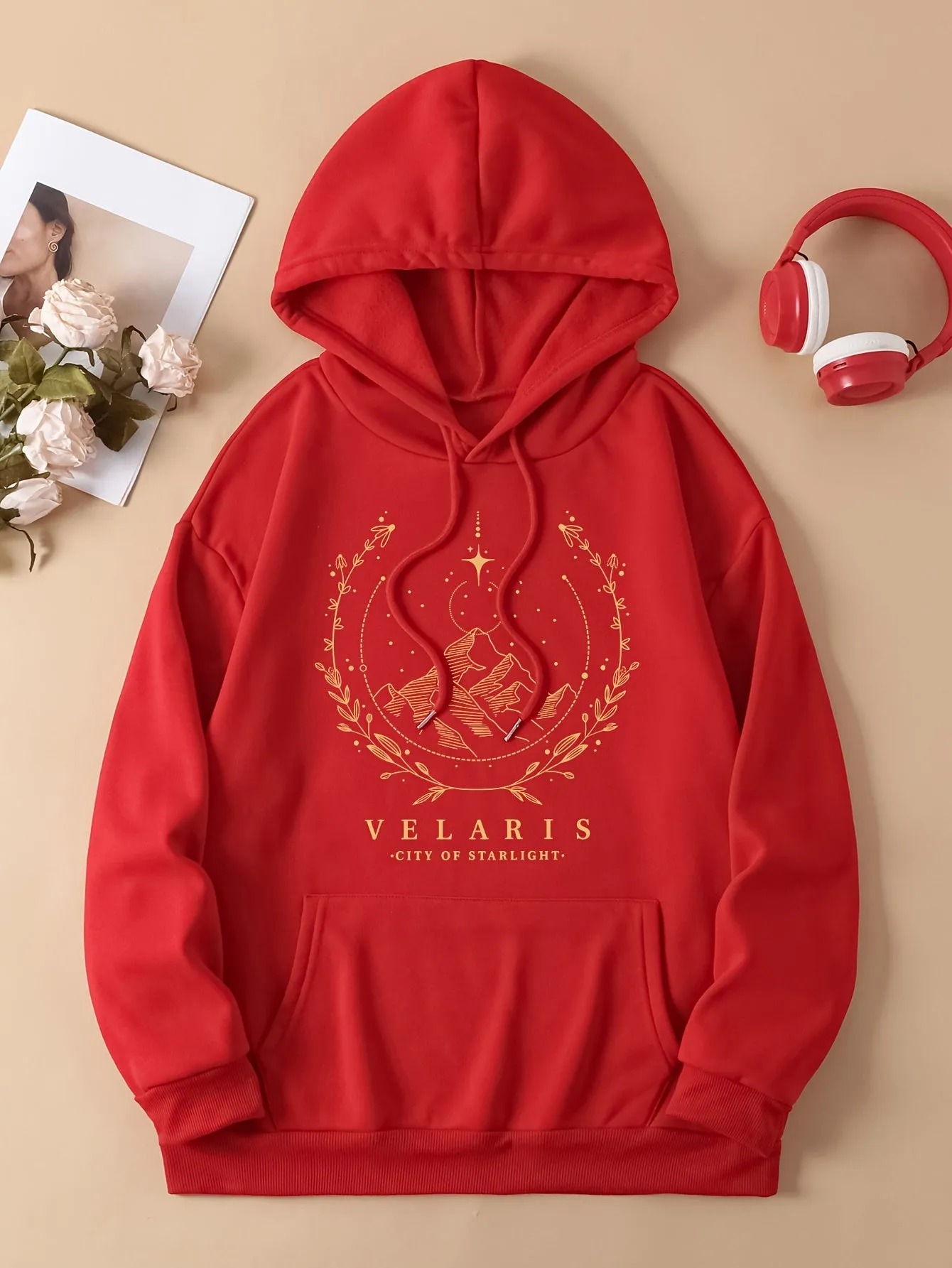 Winter Warmth & Starry Style: Cozy Casual Women's Hoodie with Convenient Kangaroo Pocket, Long Sleeves, and Durable Stretch Fabric