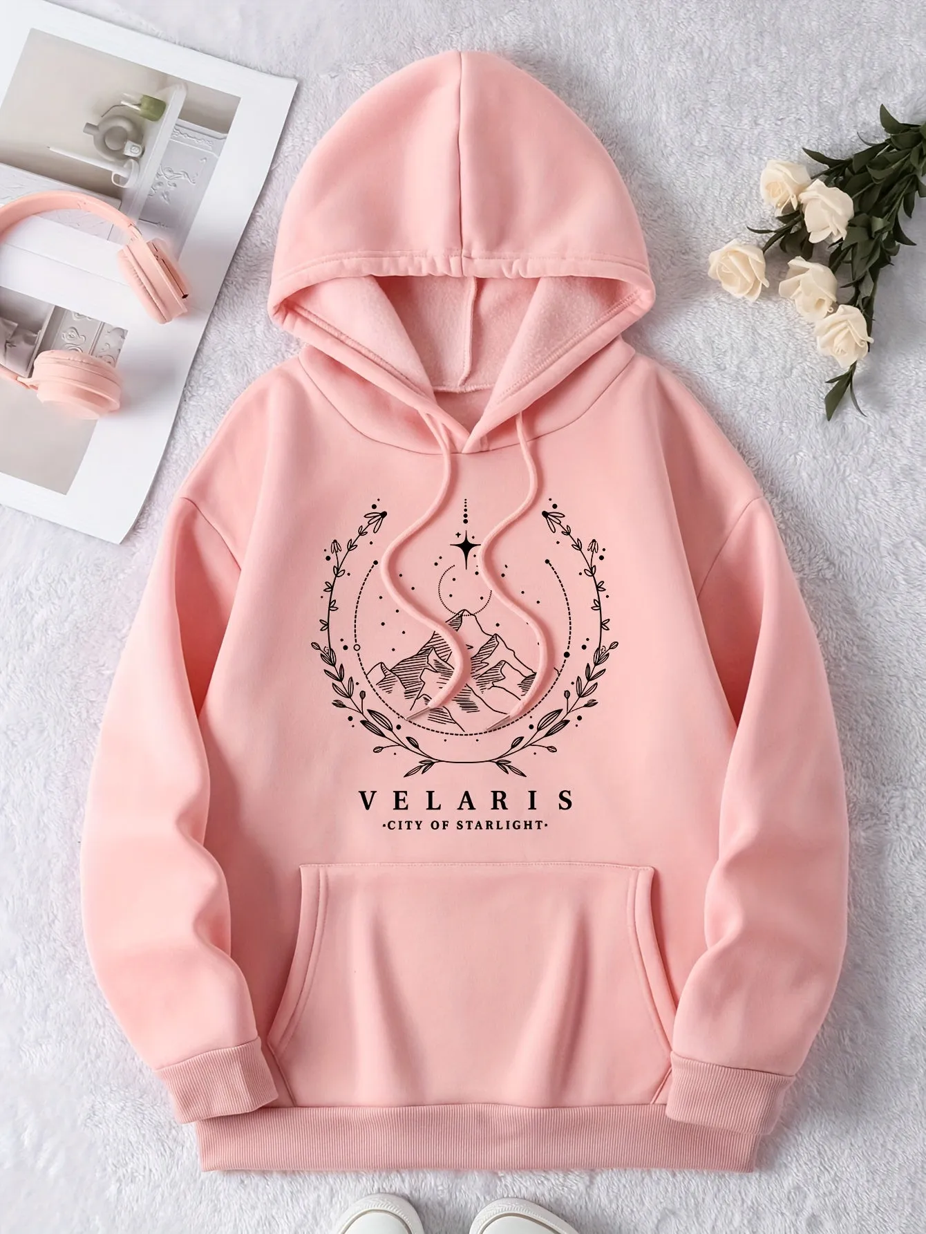 Winter Warmth & Starry Style: Cozy Casual Women's Hoodie with Convenient Kangaroo Pocket, Long Sleeves, and Durable Stretch Fabric