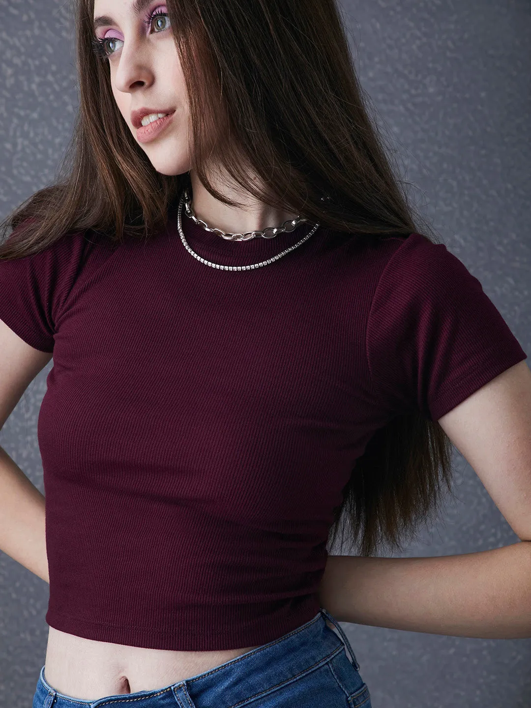 Women Premium Cotton Ribbed Slim Fit Maroon Crop Top