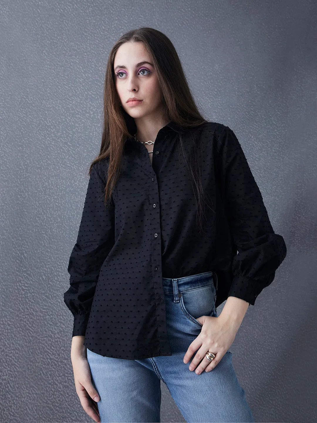 Women Relax Fit Premium Cotton Dobby Self Structured Black Casual Shirt