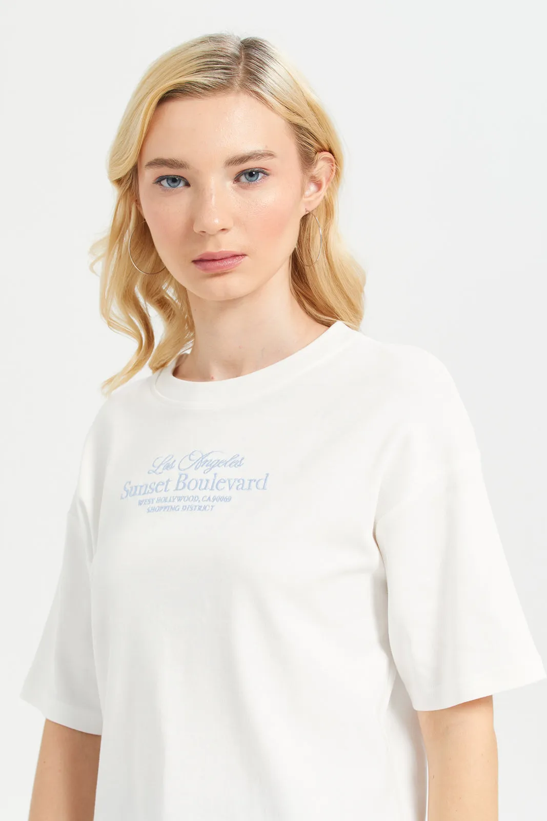 Women White Embroidered Boxy T-Shirt