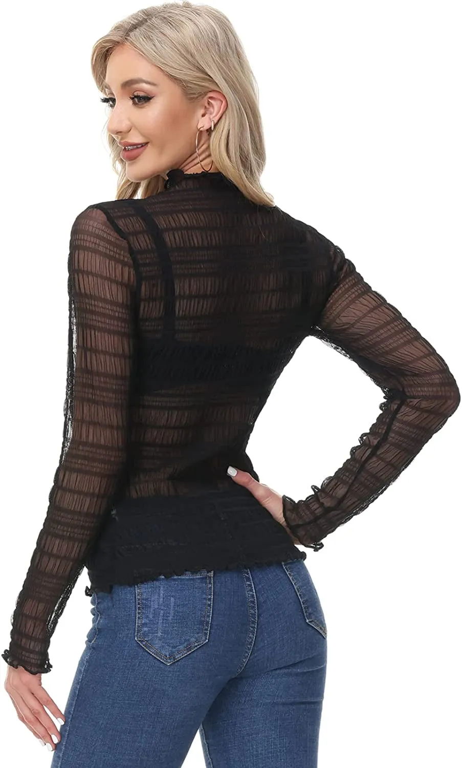 Women's Mesh Tops Long Sleeve Sheer Blouse Sexy Shirt High Neck Clubwear